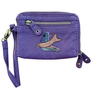 Purple Leather Wristlet Wallet Zip Compartments Handle Strap Boho Phone Pocket